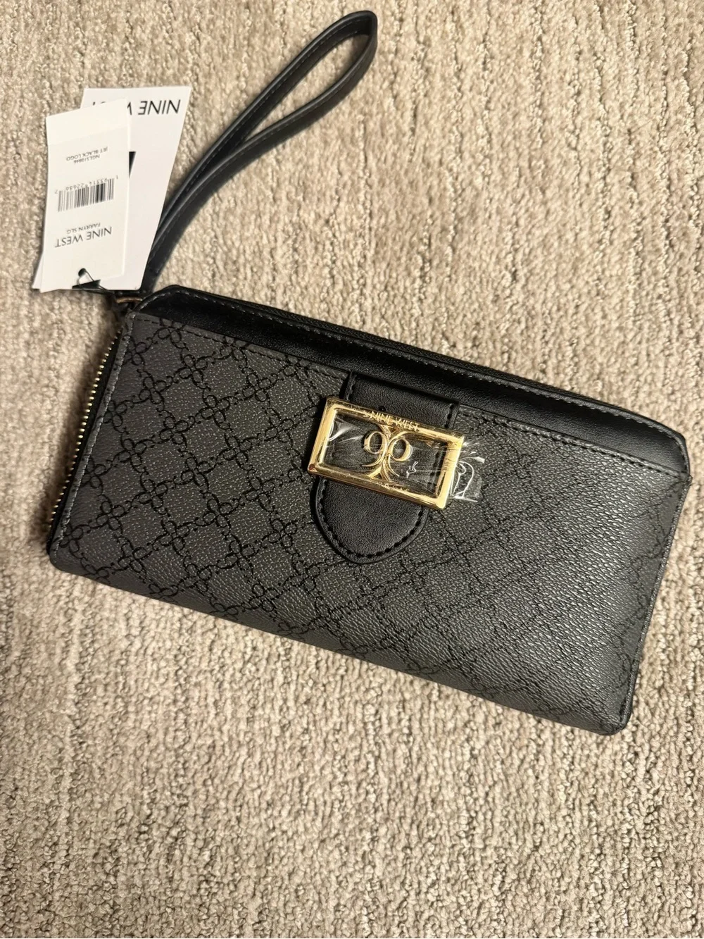 Nine West Black Quilted Wristlet Phone Wallet with Gold Accent